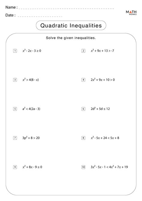 solving quadratic inequalities worksheet tes